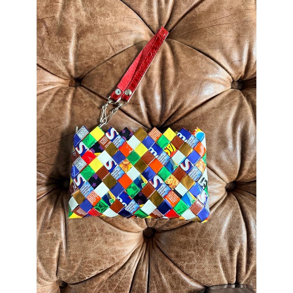 Nahui Ollin Recycled Candy Wrapper Woven Wristlet Clutch Bag Multi Color
